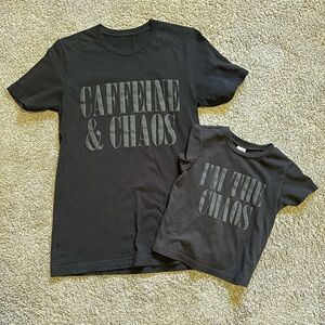 Mommy and Me Black Graphic T-shirts set. 3T toddler shirt, Adult small shirt.